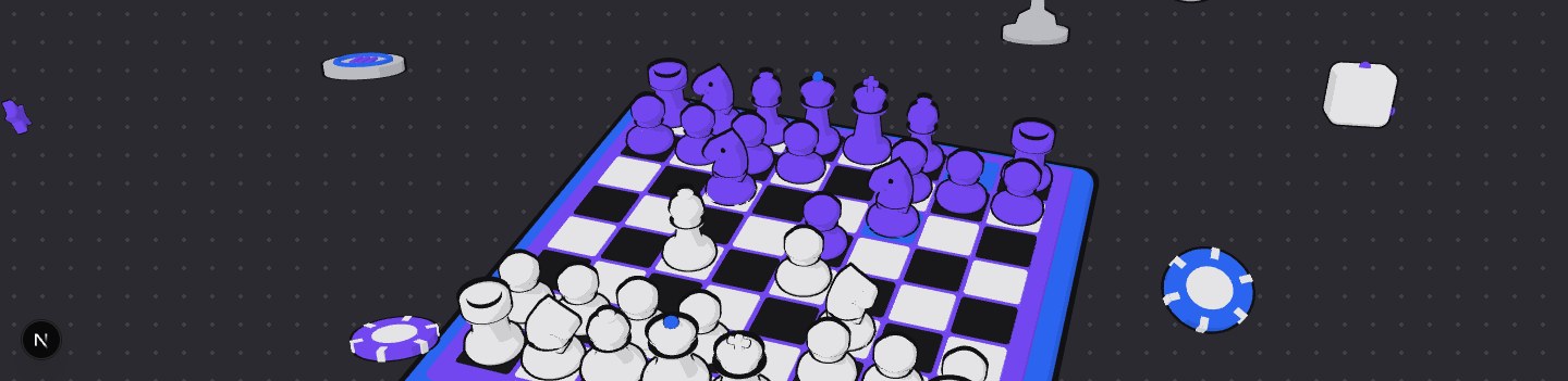 Toy-style chessboard in the Italian Game position, with coins, chips, a trophy and a crown floating around it